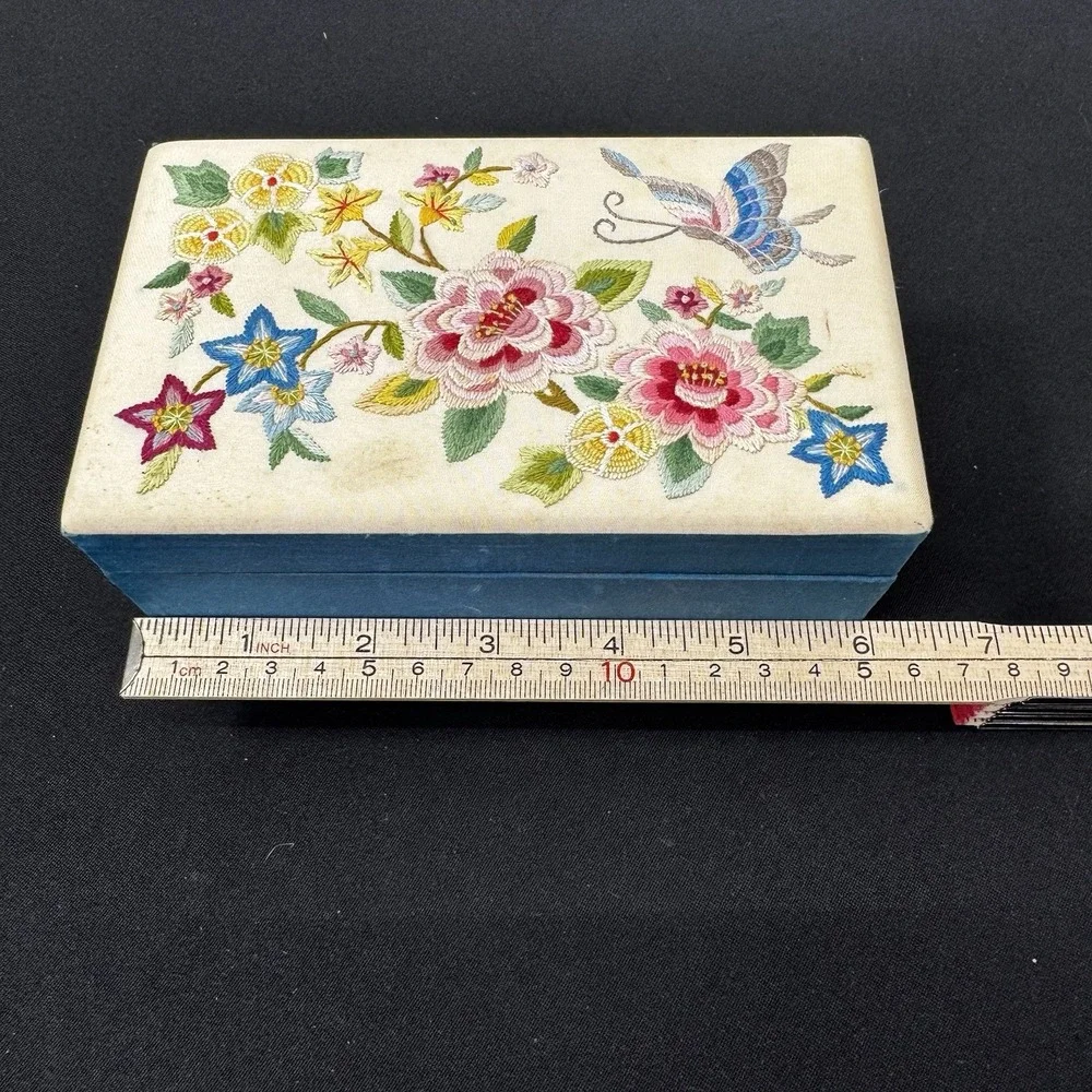 Vintage Fabric With Floral And Butterfly‎ Embroidery Musical Jewelry Box